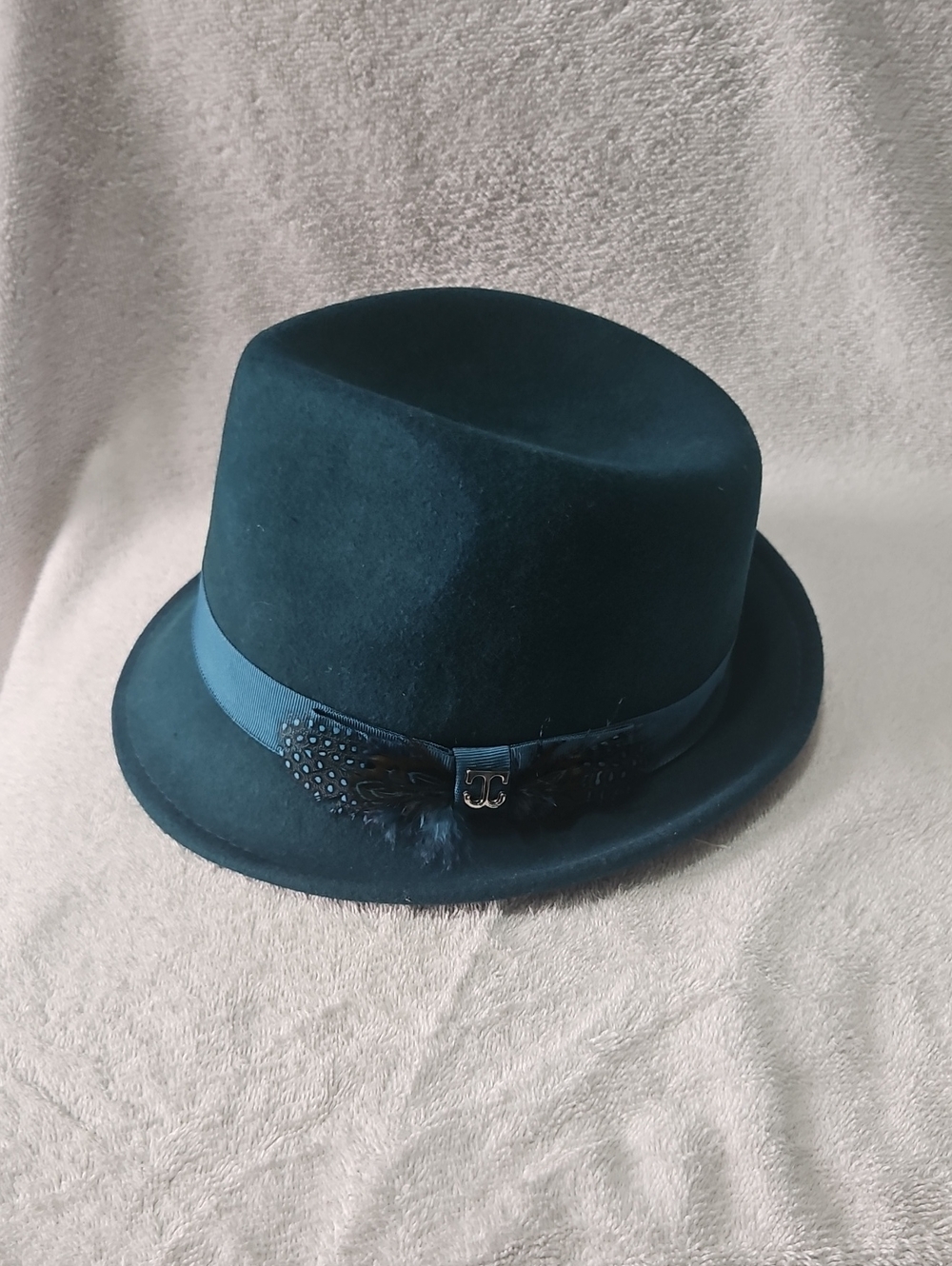 Callanan 100% Wool Teal Felt Fedora with Ribbon & Feather Trim